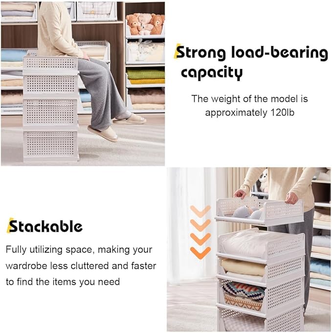 XL Stackable Plastic Storage Basket, 4 Packs closet storage bins for clothes sweater organizer for closet Folding closet organizers and storage Closet Shelf Storage Container for Cupboard Bedroom 4XL