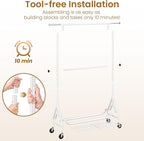 Heavy Duty Clothes Rack for Hanging Clothes, Double Rods Clothing Rack with Lockable Wheels, Rolling Garment Racks with Shelf, Easy to Assemble, White