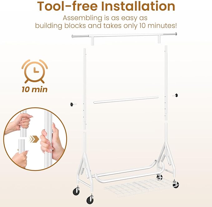 Heavy Duty Clothes Rack for Hanging Clothes, Double Rods Clothing Rack with Lockable Wheels, Rolling Garment Racks with Shelf, Easy to Assemble, White