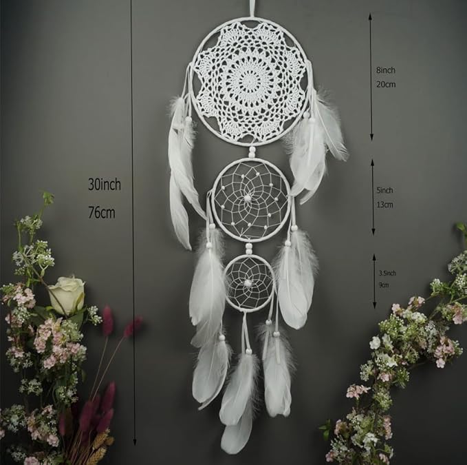 5 Pcs White Jute Crochet Dream Catchers Set, Handmade Bohemian Wall Decor with Feather Tassels – for Bedroom, Living Room, Nursery, Wedding & Boho Home Decoration(White)