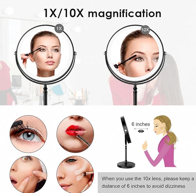 DEIOVWXS Makeup Mirror, 3000mAh Rechargeable Double-Sided Magnifying Vanity Mirror with 3 Colors, 1X/10X, Adjustable Brightness, Gifts for Mom, Mothers Day, Women, Wife, Girls, Dorm Room Essential