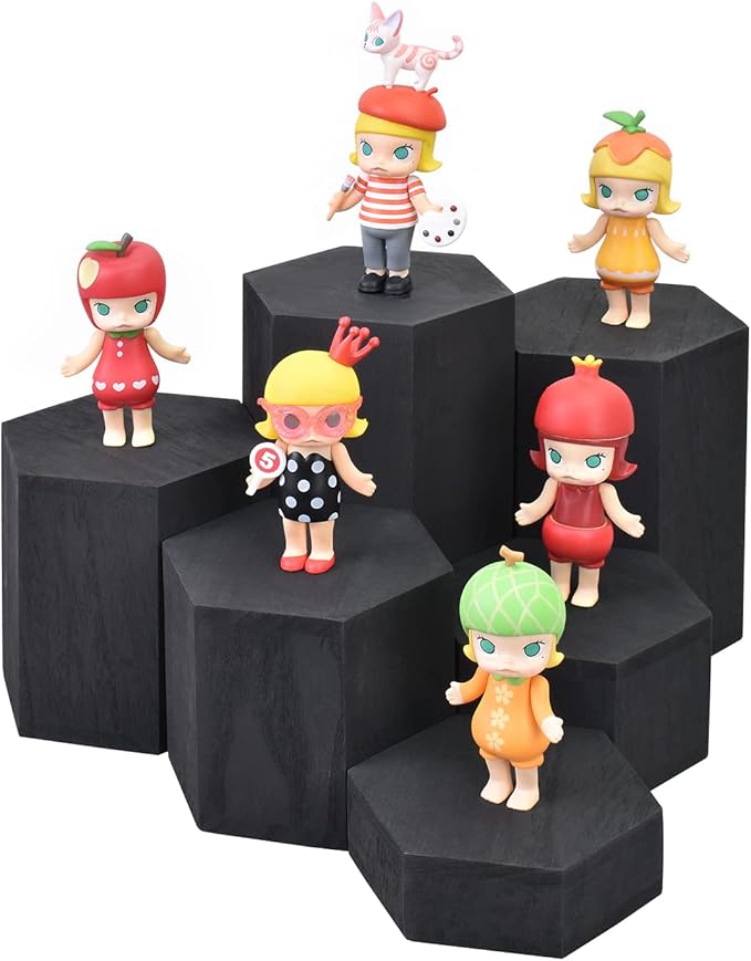 MOOCA Wooden 6 Pcs Hexagon Risers for Display Jewelry and Accessories Display Stand, Wooden Risers For Jewelry Figurine, Black Color