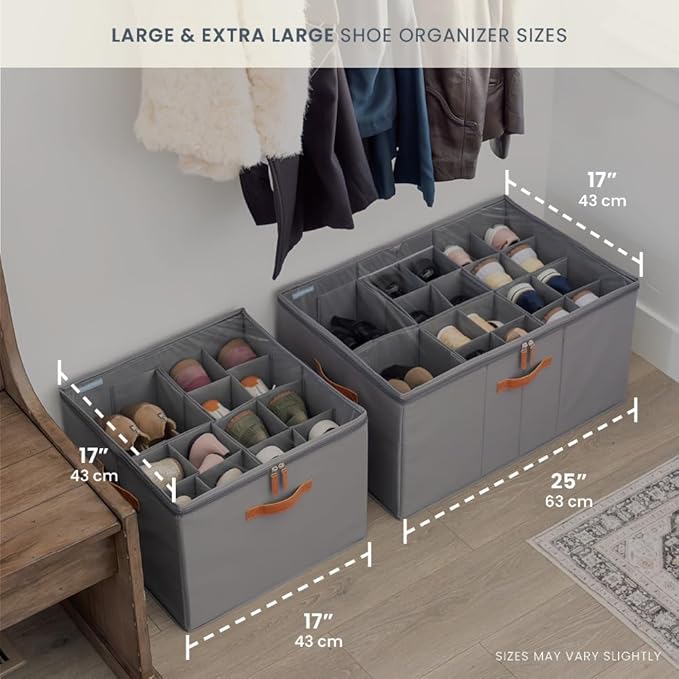 OrganiHaus Large Shoe Storage Bin for Closet, Shoe Organizer Box Fits up to 16 Pairs, Collapsible Fabric Shoe Basket w/Clear Cover, Adjustable Dividers & Reinforced Handles, Grey