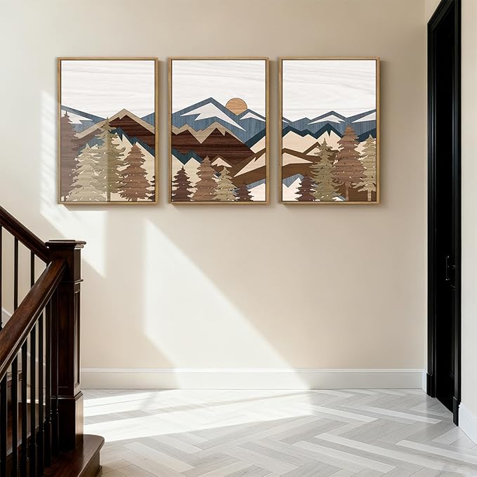 BINCUE Large Boho Mountain Wall Art Framed Mountains Wall Paintings Set of 3 Forest Mountain Sun Wall Decor Boho Landscape Artwork Rustic Mountains Art Prints for Living Room Bedroom Office Farmhouse 24x36 Inch Gift