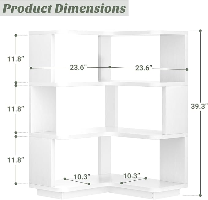Armocity Corner Book Shelf - 4 Tier Corner Bookshelf Etagere Bookcase with Baffle, Freestanding L Shaped Display Shelf Stand for Home Office, Living Room, Bedroom, Kitchen, White