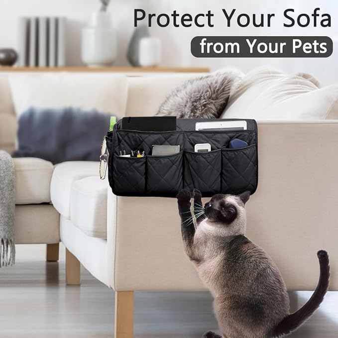 Sofa Armrest Organizer Non-Slip Arm Chair Bedside Caddy Storage Organizer for Recliner Couch with 14 Pockets for Cell Phone TV Remote Control Magazines (Black)