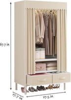 Portable Closet,Garment Rack,Heavy Duty Clothes Rack with Cover,Wardrobe Closet with 1 Hanging Rods, 2 Storage Shelves and 2 Drawers,27.5" L x 17.7" W x 67.7" H,Pale Yellow