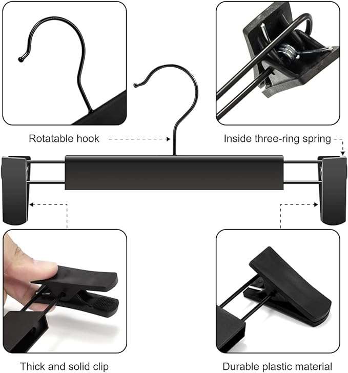 Clothes Pants Hangers, Space-Saving Skirt Holders with 360 ° Swivel Hooks, Adjustable Clips, Trouser Hangers, Clothes Coat Garment Jeans Hangers (20 Pack, Black)