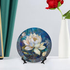 Stained Glass Theme Decorative Ceramic Plate Round Porcelain Plate,6 inch,Flowers in The Pond Pattern,for Decorative Ornaments Giving Plates, 1 Plate with 1 Display Stand,Blue White