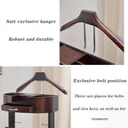 Wooden Suit Valet Stand with Drawer, Top Tray Freestanding Suit Stand with Contour Hanger, Trouser Bar, Tie & Belt Hooks Clothing Rack for Entryway Office Living Room(Standing Brown)