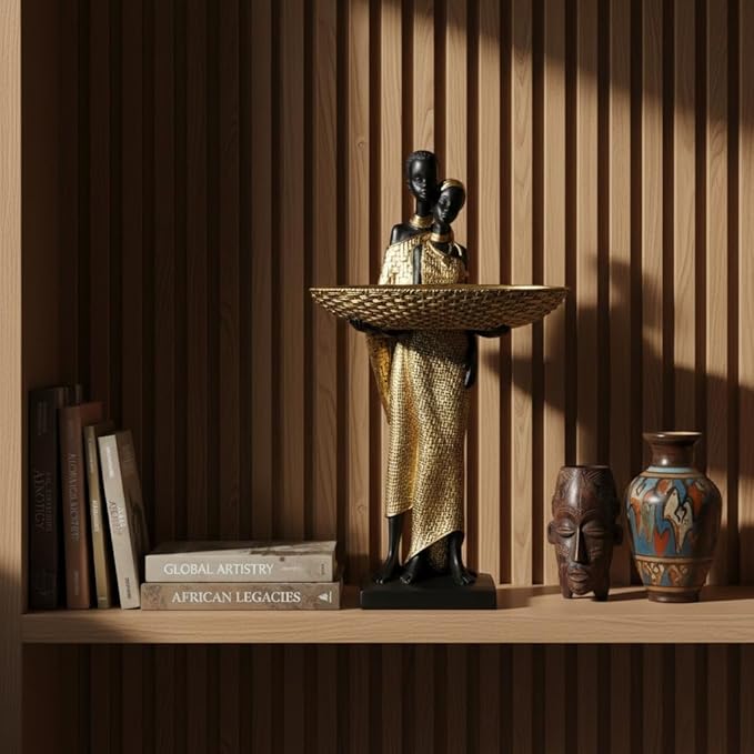 Lescafita Handmade African Couple Sculpture - Gold Tribal Standing Figure with 7.8" Basket, Resin Home Decor for Shelves/Tables, Cultural Gift for Small Items (14.5" H)