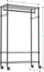 IZEUK Heavy Duty Rolling Garment Rack Wire Clothes Rack for Hanging Clothes (Black, 3 Tier with 2 Rod, 29.5" W x 15.7" D x 75" H)