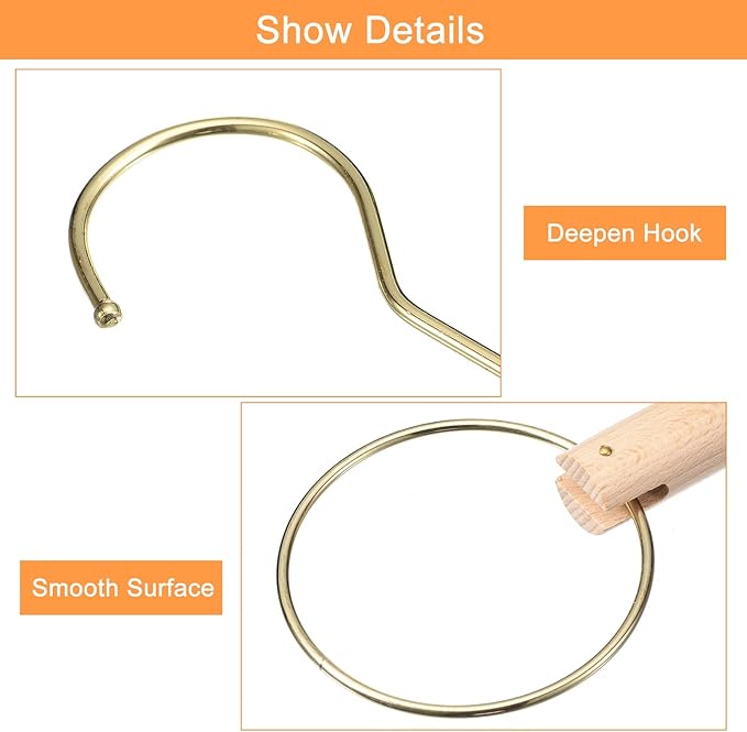 uxcell 2Pcs 4 Inch Scarf Ring Hanger Scarf Organizer Holder Wood Circle Closet Storage Hanging Hook for Belt Tie Scarf, 15cm Length Hook (Gold)