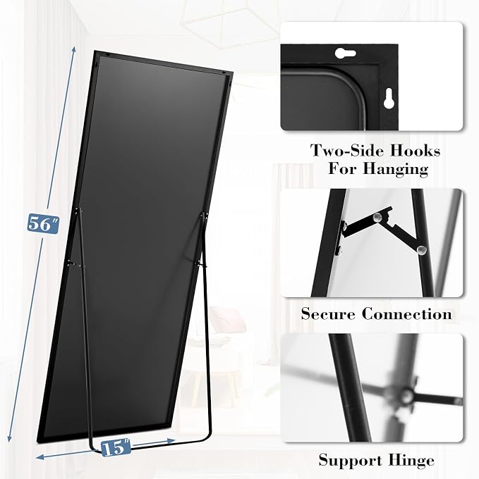 DUMOS 56"x15" Full Length Mirror, Full Body Mirror with Aluminum Alloy Thin Frame, Standing Mirrors with Leaning or Hanging, Suitable for Bedroom, Livingroom, Cloakroom, Black
