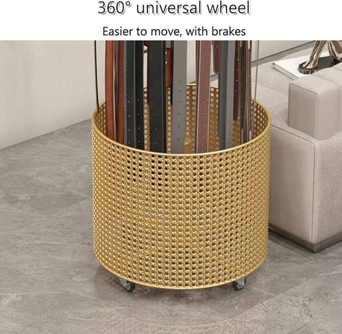 Floor Standing Belt Retail Rack, Rotating Belt Display Stand with Wheels, Metal Retail Display with Bottom Round Storage Basket, Commercial Retail Display Racks(Gold)