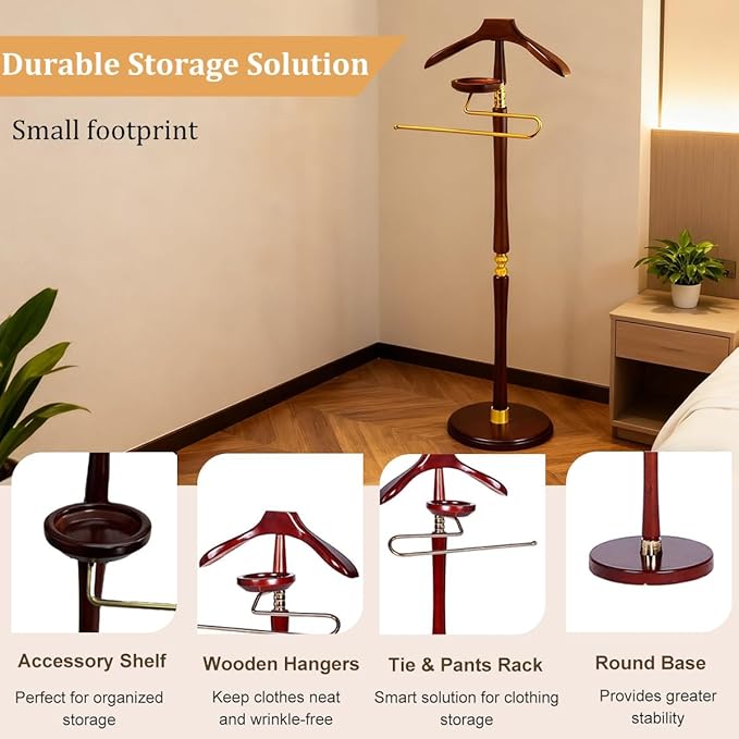 Suit Valet Stands for Women and Men,Clothes Valet Stand with Base Vertical,Wood Suit Rack,Freestanding Belt Holder Mens Valet Stand,Retail Display Rack Valet Stand,for Entrywaye