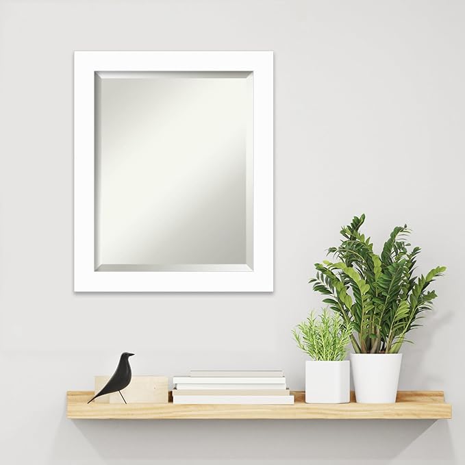 Amanti Art White Wall Mirror 23x19 Basic White Narrow Rectangle Bathroom Mirror for Wall Decor Living Room, Small Casual Wood Frame, Hangs Horizonally and Vertically, Bathroom Decor, Beveled Edge