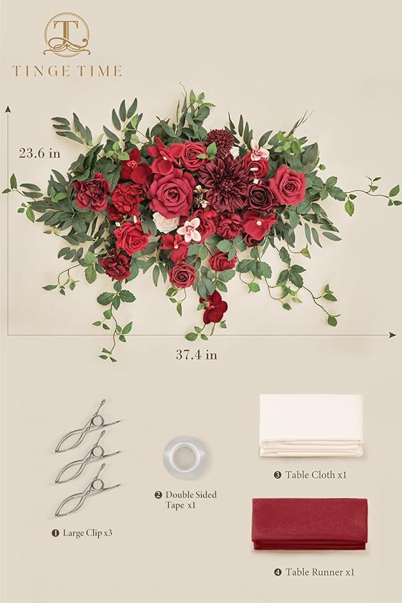 TINGE TIME Artificial Sweetheart Flower Swag with Tablecloth and Table Runner, Pack of 3 Floral Arrangement for Wedding Sweetheart Table Centerpiece Decoration (Burgundy Red)