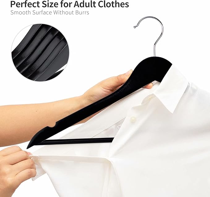 ELONG HOME Solid Wooden Hangers 20 Pack, Wood Suit Hangers with Extra Smooth Finish, Precisely Cut Notches and Chrome Swivel Hook, Wooden Clothes Hangers for Shirt Coat Jacket Dress, Black