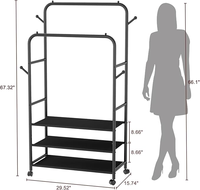 Furologee Clothes Racks for Hanging Clothes, Double Rods Clothing Rack with 3-Tier Storage Shelves, Rolling Garment Wardrobe with Wheels, Portable Free Standing Closet for Bedroom, Laundry Room, Black