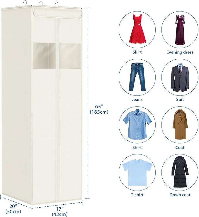 Zilink Long Dress Bag for Hanging Clothes 65" Dress Bags for Gowns Long with Clear Window Space Saving Dress Storage Bags Hanging for Long Dresses, Winter Coat, Trousers, Fur, Beige