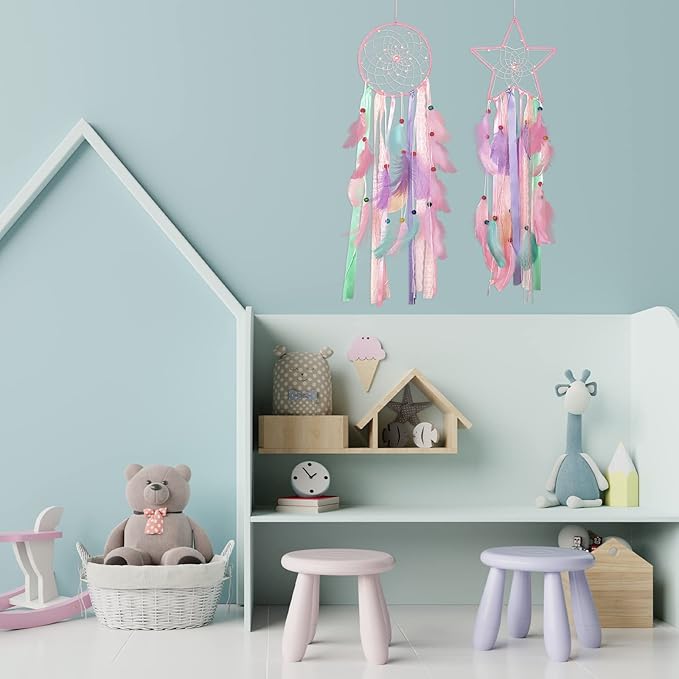 Jetec 3 Pcs Dream Catcher Moon Sun Star Design Handmade Traditional Design Craft Ornament Wall Art Hanging Home Decoration Bedroom Wedding(Pastel Color)