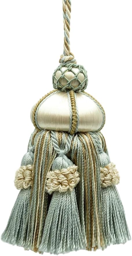 DÉCOPRO Elegant Hand-Crafted 4" (10cm) Key Tassel 3 1/2" (8.5cm) Loop Accented with Crown Tassels (KTAX4) Cream Ivory Blue Multicolor #LX03 (Light Blue Light Beige White Ivory) Individually Sold