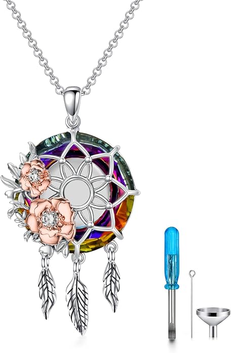 Dream Catcher Crystal Pendant Flower Urn Necklace Jewelry 925 Sterling Silver Keepsake Cremation Necklaces for Human Pet Ashes for Women