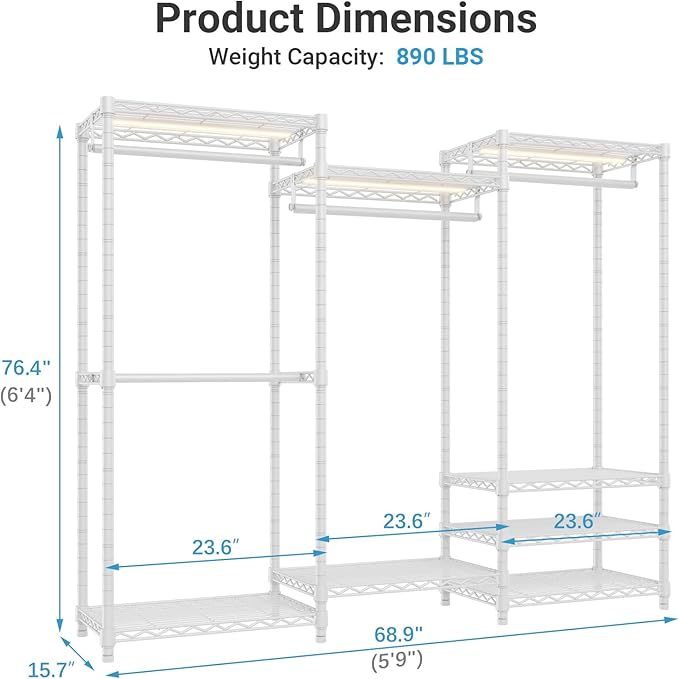 VIPEK V5LC Garment Rack Heavy Duty Covered Clothes Racks with Dimmable LED Light, 3000K Warm White, Portable Closet Wardrobe Freestanding Clothing Rack for Hanging Clothes, White Rack with Black Cover
