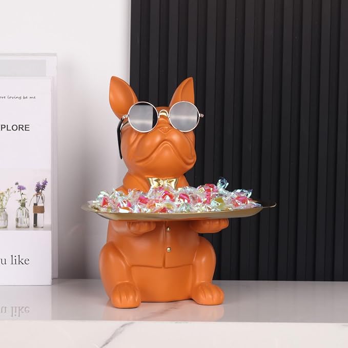 Modern Decor Resin Orange Bulldog Tray Statue Tray Storage Key Holder Candy Jewelry Earrings Tray Suitable for Home Decor Modern Art Dining Table Decor Office Small Object Tray
