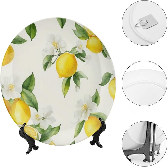Lemon Theme Decorative Ceramic Plate Round Porcelain Plate,7 inch,Fruit Watercolor Pattern,for Decorative Ornaments Giving Plates,1 Plate with 1 Display Stand,Yellow Green