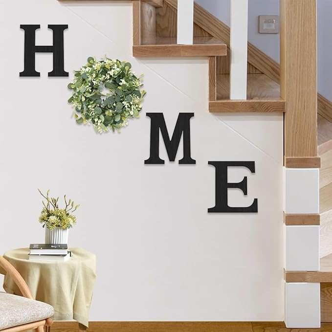 Wooden Home Sign with Artificial Peach Heart Eucalyptus Wreath for O, Hanging Farmhouse Wall House Autumn Decor Wood Letters for Wall Art Rustic Home Decor, Wall Decor for Living Room Kitchen Entryway