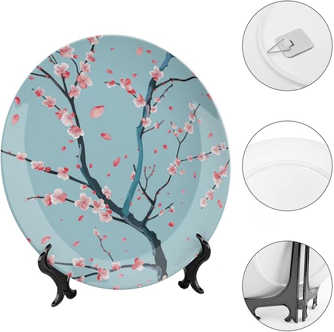 Japanese Spring Theme Decorative Ceramic Plate Round Porcelain Plate,Sakura Tree Branches Pattern,for Decorative Ornaments Giving Plates, 1 Plate with 1 Display Stand,Blue Pink,7 inch