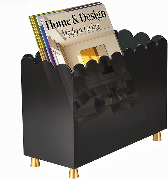 Acrylic Magazine Holder, Magazine Rack Floor,Sleek Black Stylish Organizer with Luxe Gold Metal Feet and Wave Edge Design Space Saving Storage for Books Newspapers Office Supplies,Home Office(Black)