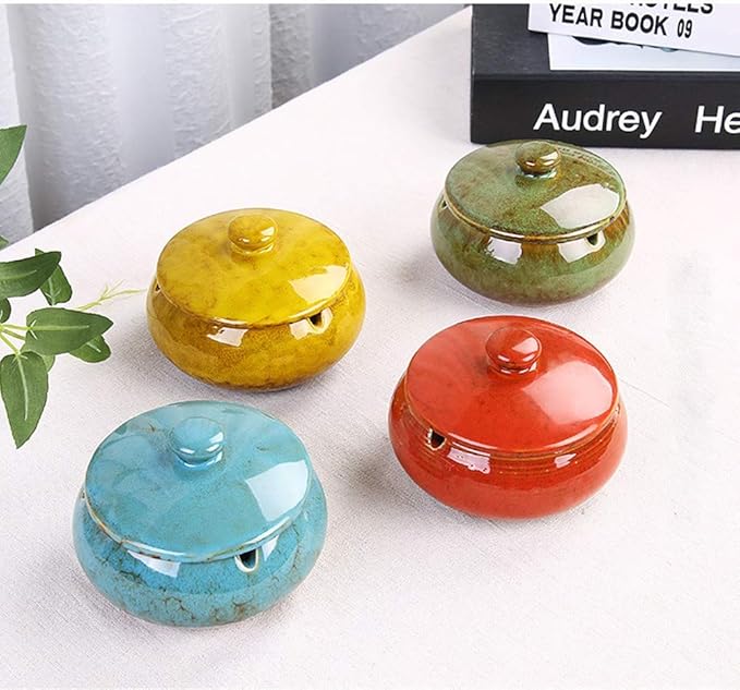 Lependor Ceramic Ashtray with Lids, Windproof, Cigarette Ashtray for Indoor or Outdoor Use，Ash Holder for Smokers,Desktop Smoking Ash Tray for Home Office Decoration - Yellow