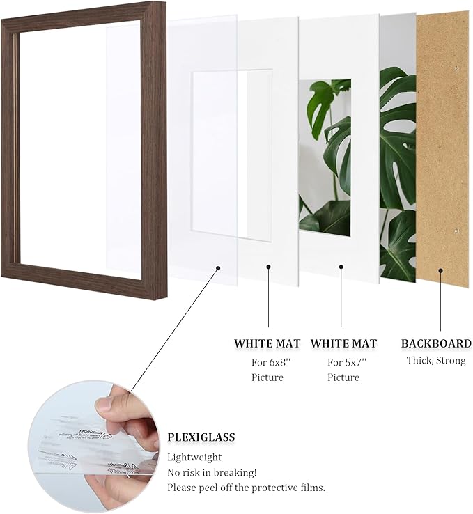 Egofine A4 Picture Frames Set of 4, Made of Solid Wood Covered by Plexiglass 5x7 and 6x8 with Mat or A4 without Mat, for Table Top Display and Wall Mounting Photo Frame Brown