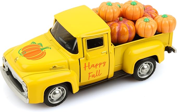 Fall Pumpkin Truck Decor Vintage Metal Truck with Pumpkins Ornament Cute Autumn Harvest Farmhouse Tabletop Tiered Tray Decoration for Thanksgiving Party Home Kitchen Office Tiered Tray Supplies