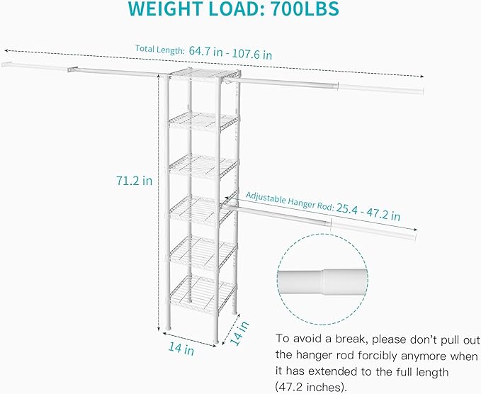 Ulif M1 Closet Storage Organizer System, 6 Tiers Heavy Duty Metal Garment Rack with 3 Expandable Hanger Rods, Wall Mounted Space Saver Suits from 5.4-8.7 ft. Width, 71.2”H x 14”D, 700LBS, White