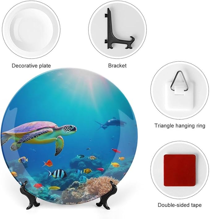 sea Turtle Theme Decorative Ceramic Plate Round Porcelain Plate,8 inch,Ocean Floor Pattern,for Decorative Ornaments Giving Plates,1 Plate with 1 Display Stand,Blue Green