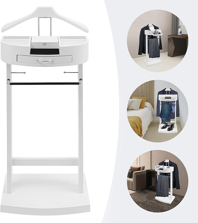 Suit Valet Stand for Men, Freestanding Clothes Stand with Sturdy Base, White Wood Suit Stand for Homes, Offices, Hotels