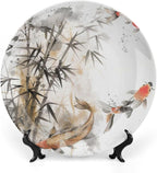 Ink Painting Theme Decorative Ceramic Plate Round Porcelain Plate,Tree and Fish Pattern,for Decorative Ornaments Giving Plates, 1 Plate with 1 Display Stand,Black White red,8 inch
