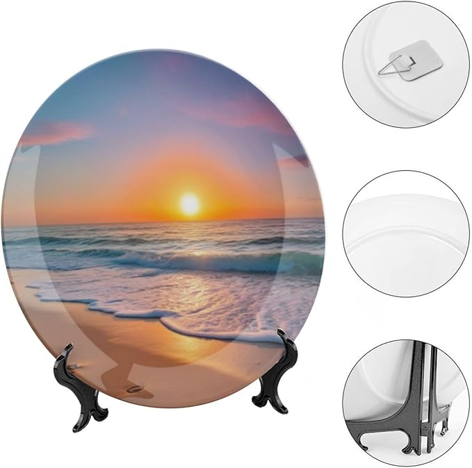 Sunrise Theme Decorative Ceramic Plate Round Porcelain Plate,8 inch,Beach Pattern,for Decorative Ornaments Giving Plates,1 Plate with 1 Display Stand,Orange Yellow