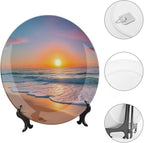 Sunrise Theme Decorative Ceramic Plate Round Porcelain Plate,7 inch,Beach Pattern,for Decorative Ornaments Giving Plates,1 Plate with 1 Display Stand,Orange Yellow