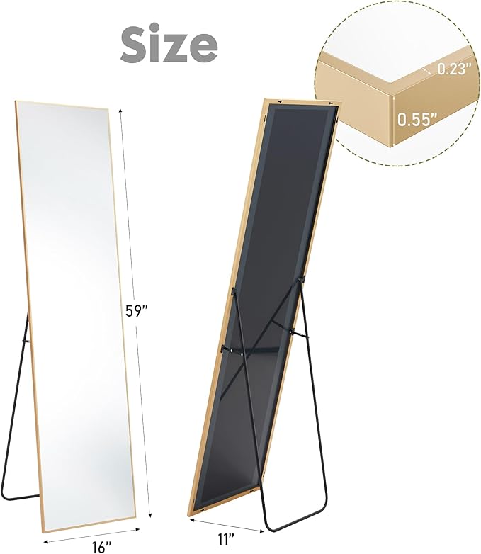 DUMOS 16"x59" Full Length Mirror with Stand, Floor Standing Aluminum Frame, Shatter-Proof Nano Glass for Bedroom, Living Room, Cloakroom – Modern Simple Home Decor,Can Be Hanging or Leaning, Gold