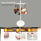 23 Inch Rotating Scarf Display Rack, Metal Purse Rack with 12 Hooks & Wheels, 100 lbs Capacity - Freestanding Premium Retail Handbag Rack for Home & Commercial Use, White