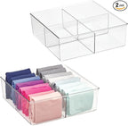 mDesign Plastic 4 Compartment Divided Drawer and Closet Storage Bin - Organizer for Scarves, Socks, Ties Bras, and Underwear - Dress Drawer Organizer, Shelf Organization - 2 Pack - Clear