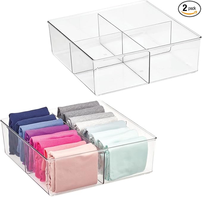 mDesign Plastic 4 Compartment Divided Drawer and Closet Storage Bin - Organizer for Scarves, Socks, Ties Bras, and Underwear - Dress Drawer Organizer, Shelf Organization - 2 Pack - Clear