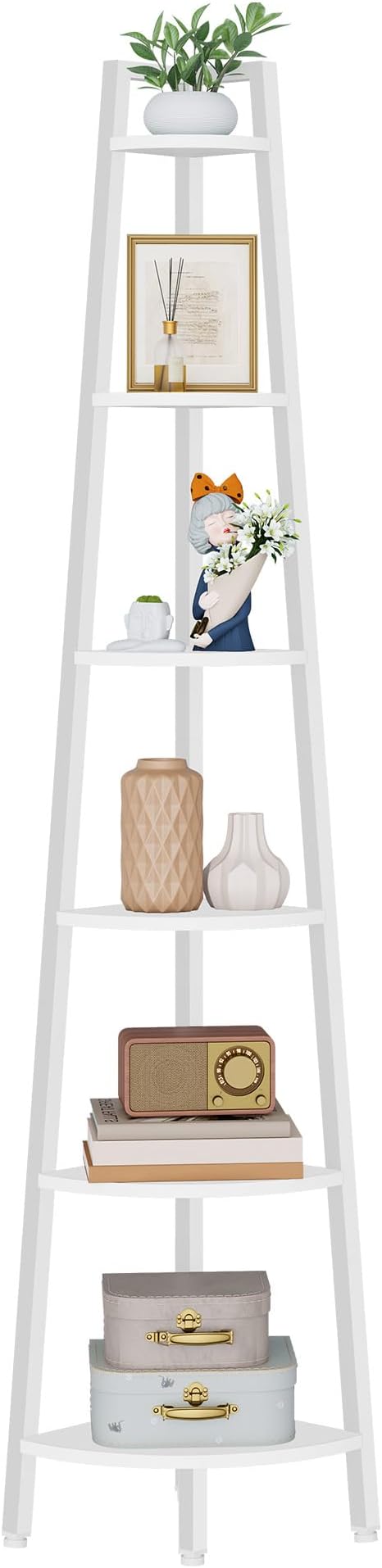 Hoctieon Corner Shelf, 6-Tier Corner Bookshelf, Rustic Ladder Shelf, Industrial Display Stand for Living Room, Kitchen, Home Office, Balcony, Small Space, Metal Frame, White