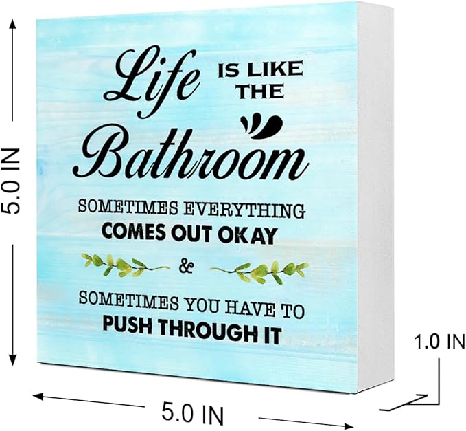 Blue Life is Like The Bathroom Wooden Box Sign Desk Decor,Funny Bathroom Wood Block Sign for Farmhouse Toilet Shelf Decor