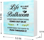 Blue Life is Like The Bathroom Wooden Box Sign Desk Decor,Funny Bathroom Wood Block Sign for Farmhouse Toilet Shelf Decor